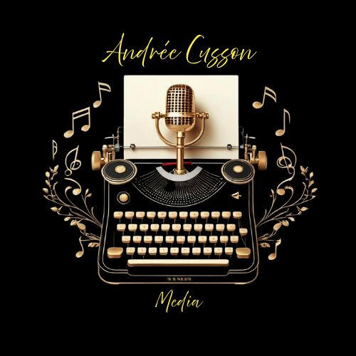 Andree Cusson media logo, a vintage typewriter surrounded by musical notes, with a vintage microphone in the middle.